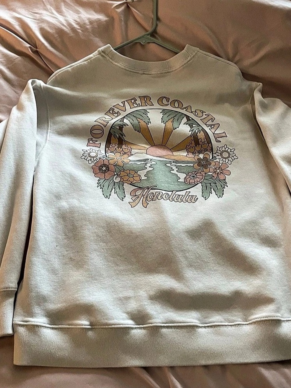 Hollister Oversized Honolulu Hawaii Graphic Crew Sweatshirt Floral Cream XS